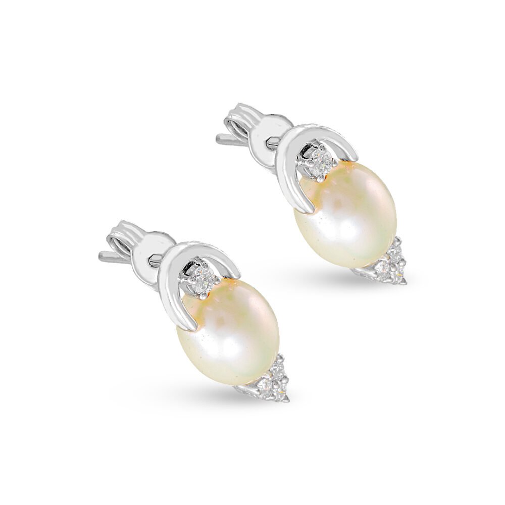 Graceful 18K White Gold Freshwater Pearl Diamond Earrings - Image 3
