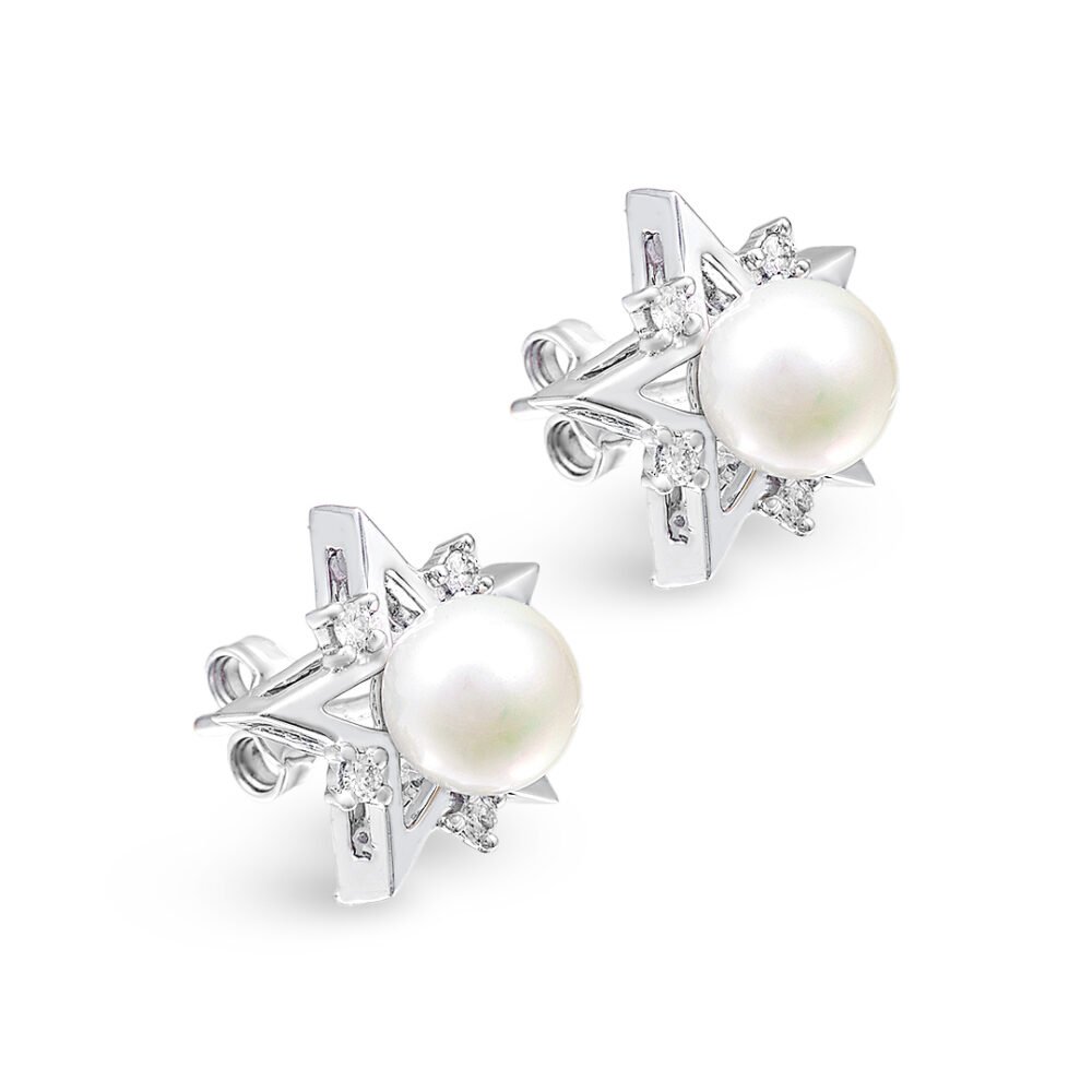 18k white gold earrings with freshwater pearls and diamonds - Image 2