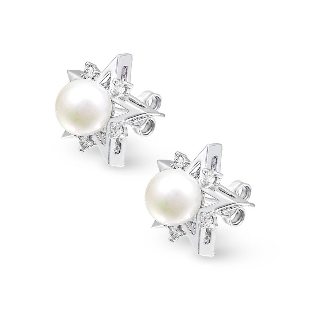 18k white gold earrings with freshwater pearls and diamonds - Image 3