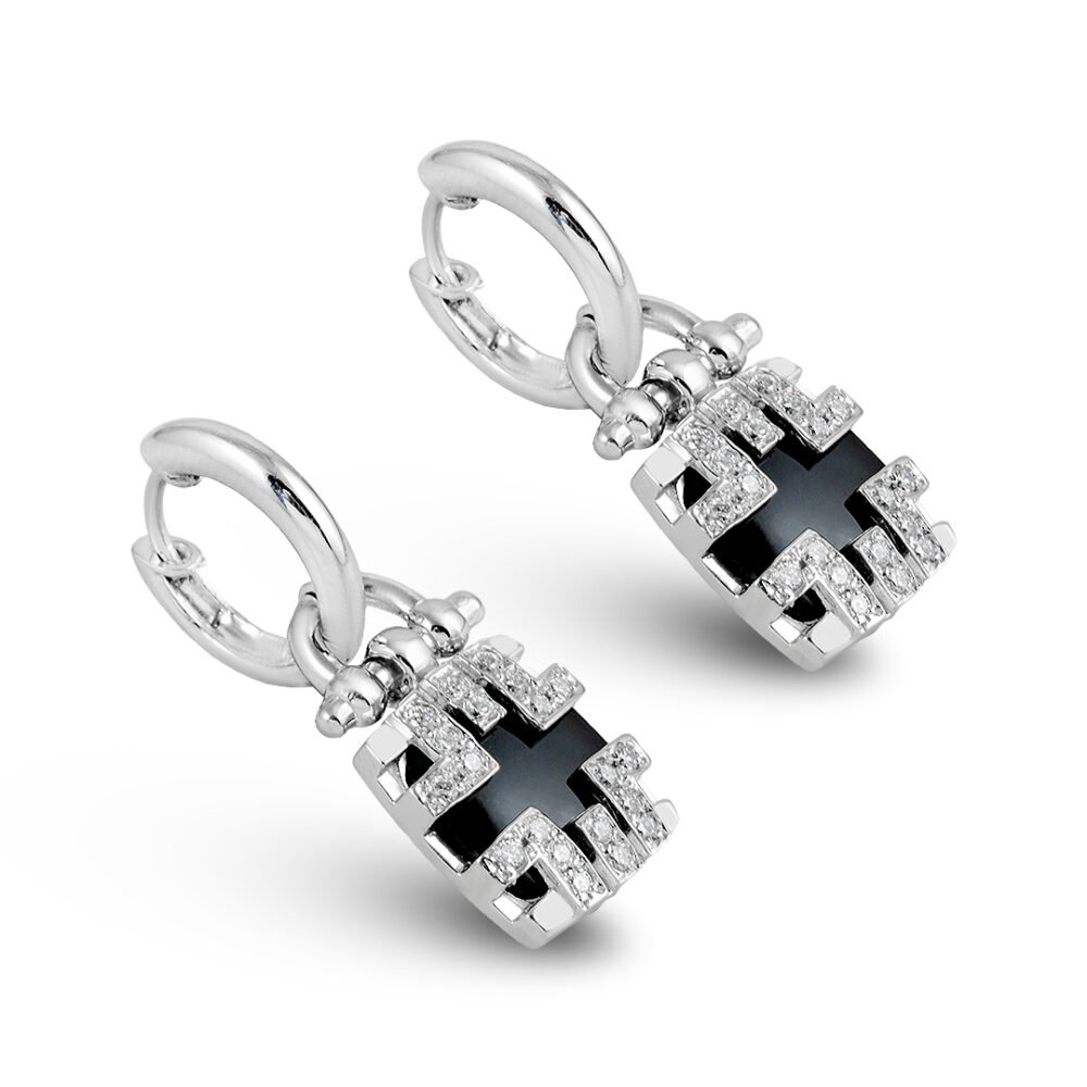 Elegant 18k White Gold Earrings with Diamonds and Onyx - Image 2