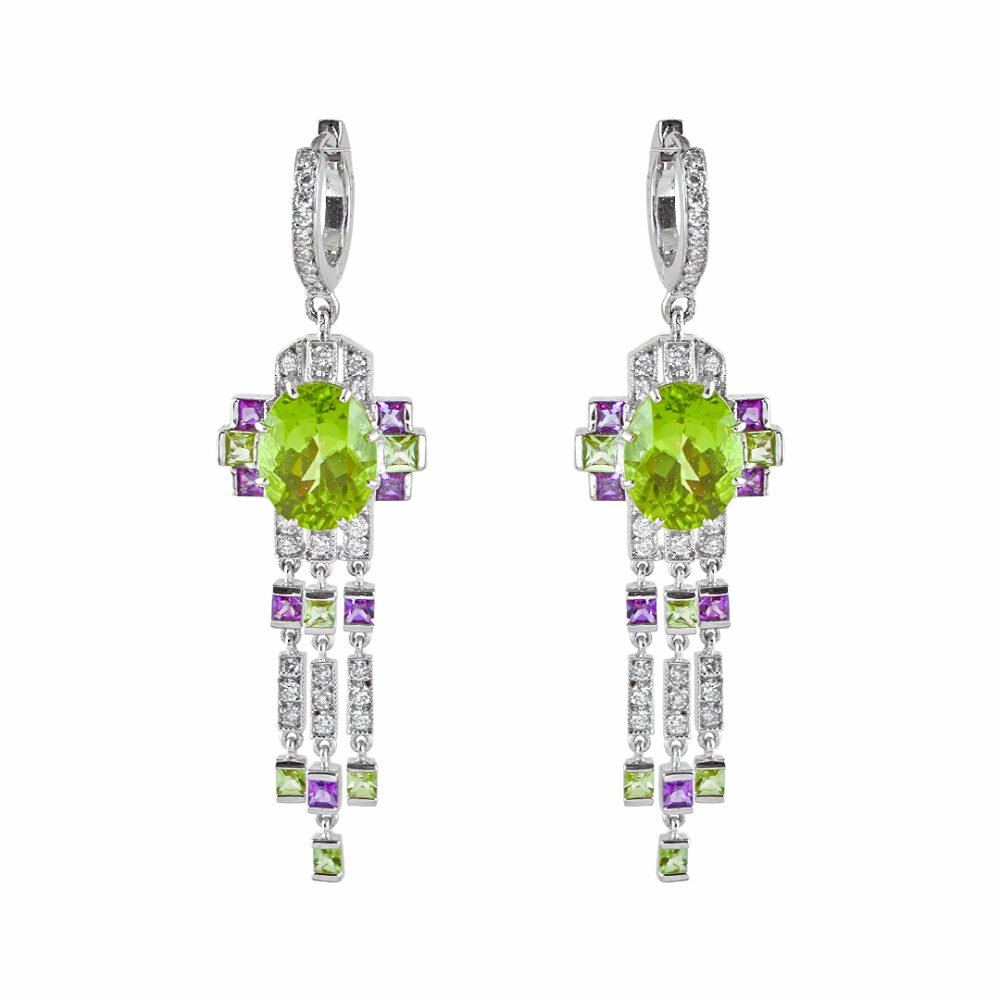 18K White Gold Diamond Peridot and Amethyst Earrings