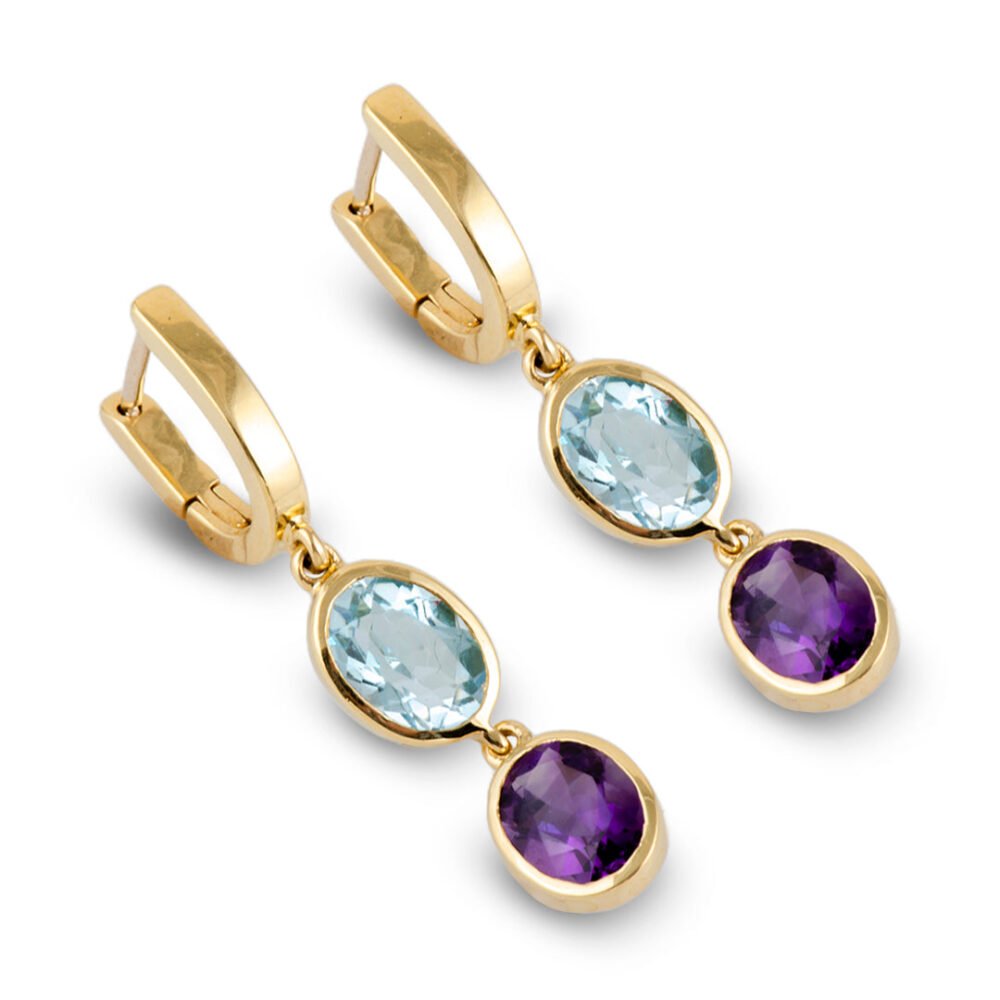 18K Yellow Gold Blue Topaz and Amethyst Earrings - Image 3