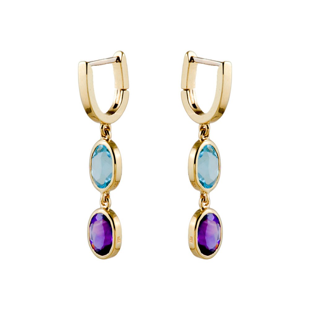 18K Yellow Gold Blue Topaz and Amethyst Earrings
