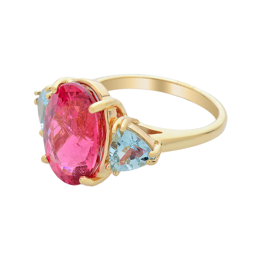 18K Yellow Gold Aquamarine and Tourmaline Ring - Image 3