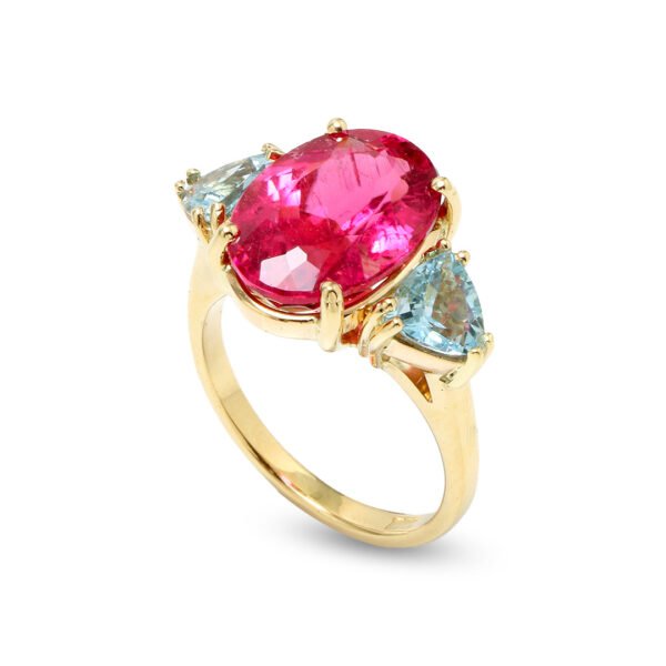 18K Yellow Gold Aquamarine and Tourmaline Ring