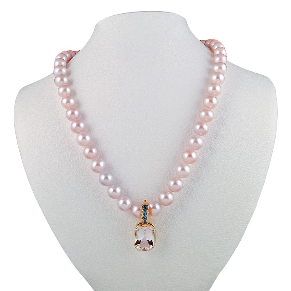 Morganite Aquamarine Pendant in 18K Yellow Gold - 10mm Freshwater Pearl Necklace