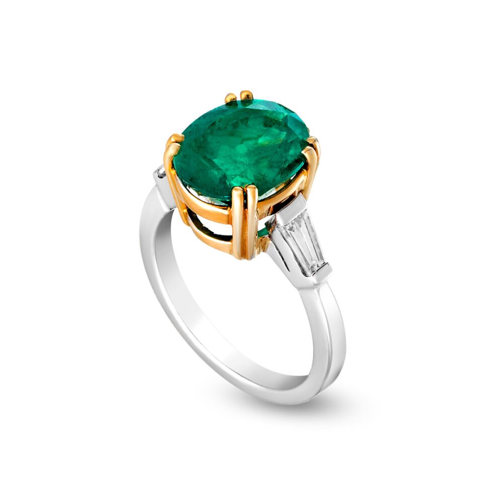 18K White and Yellow Gold Diamond and Emerald Solitaire