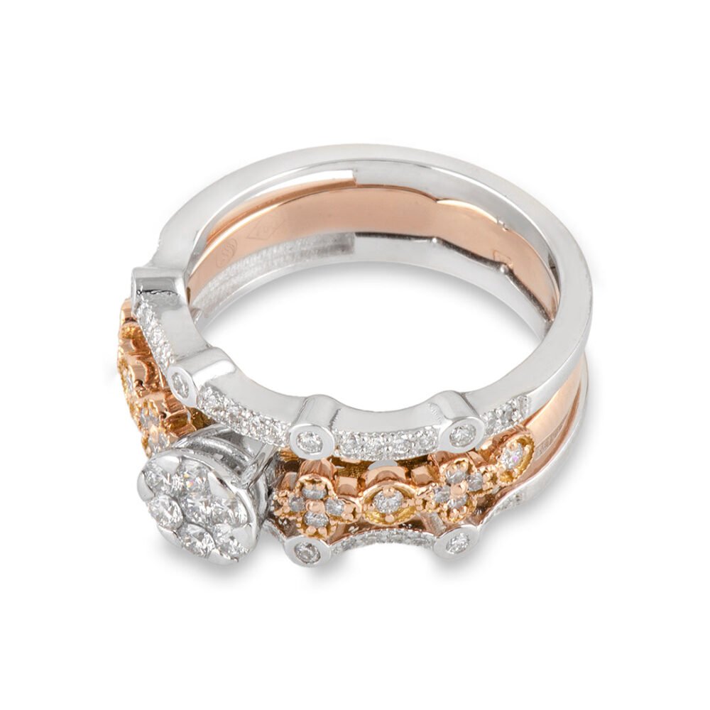 Rose & White Gold and Diamond Solitaire Ring with Band - Image 3