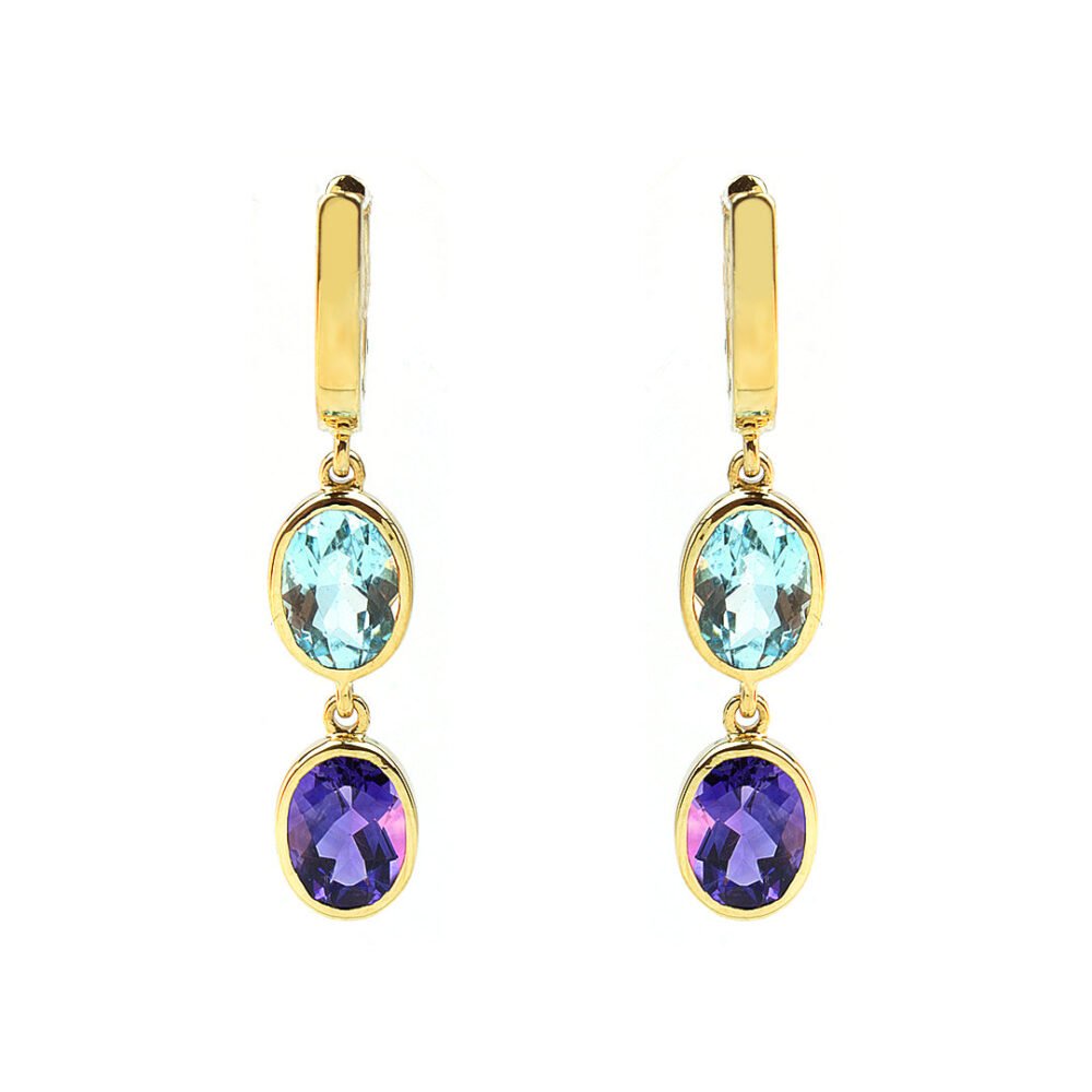 18K Yellow Gold Blue Topaz and Amethyst Earrings - Image 2
