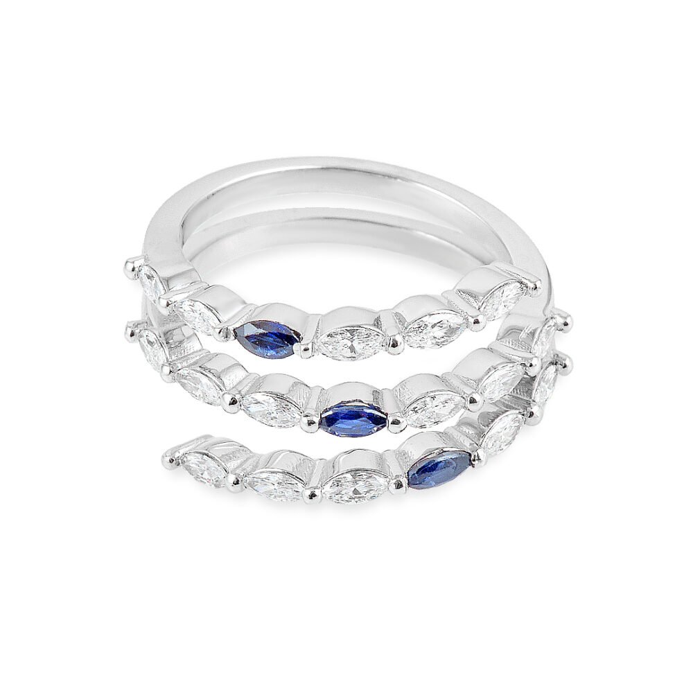 18k White Gold Marquise Diamond and Sapphire Ring - Image 2