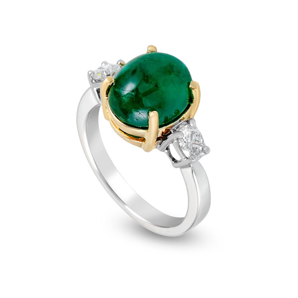 18k Yellow and White Gold Colombian Cabochon Emerald and Diamond Ring