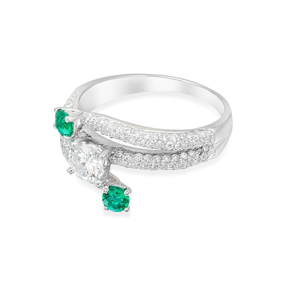White Gold Ring with Emerald and Diamond Accents - Image 3