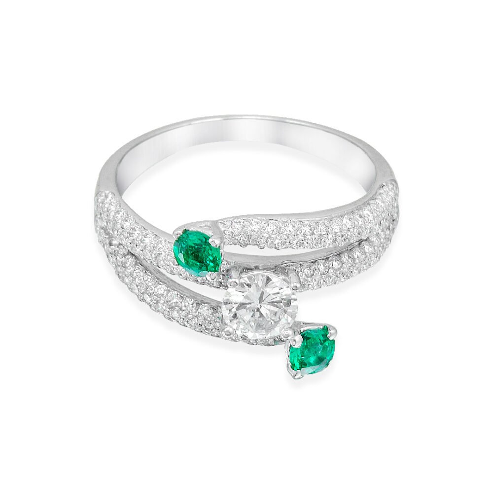 White Gold Ring with Emerald and Diamond Accents - Image 2