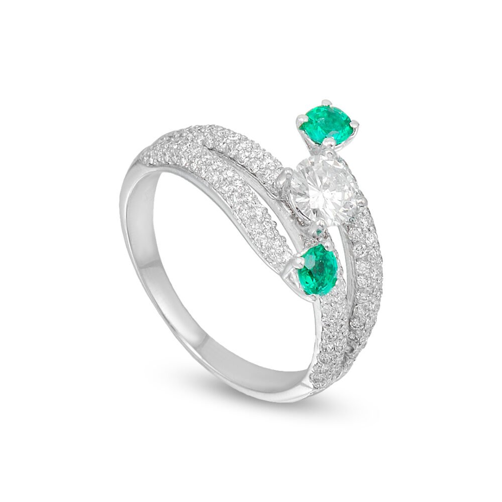 White Gold Ring with Emerald and Diamond Accents