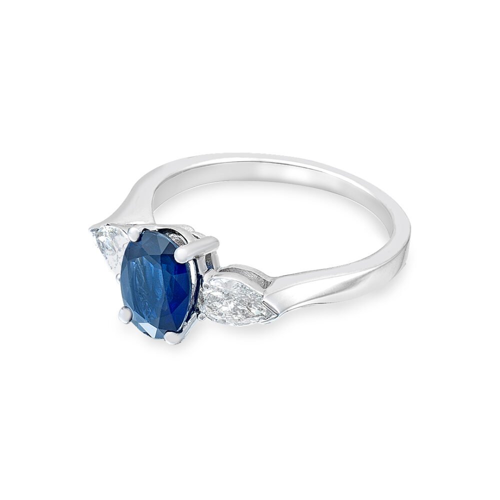 Sapphire Solitaire Ring in 18k White Gold with Pear Diamonds - Image 3
