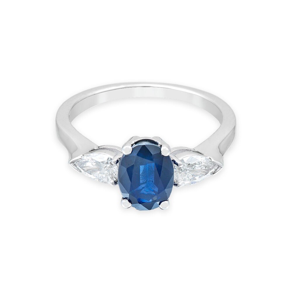 Sapphire Solitaire Ring in 18k White Gold with Pear Diamonds - Image 2