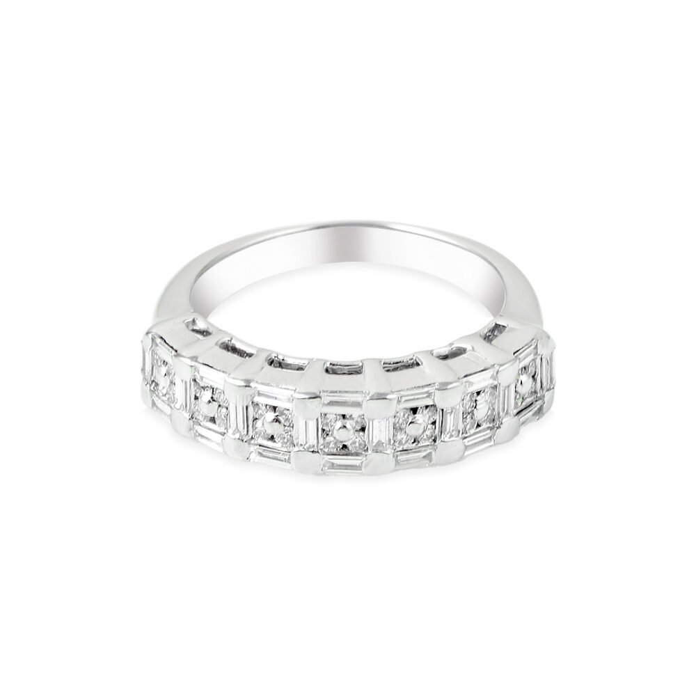 18k White Gold Diamond Band with Round and Baguette Diamonds - Image 3