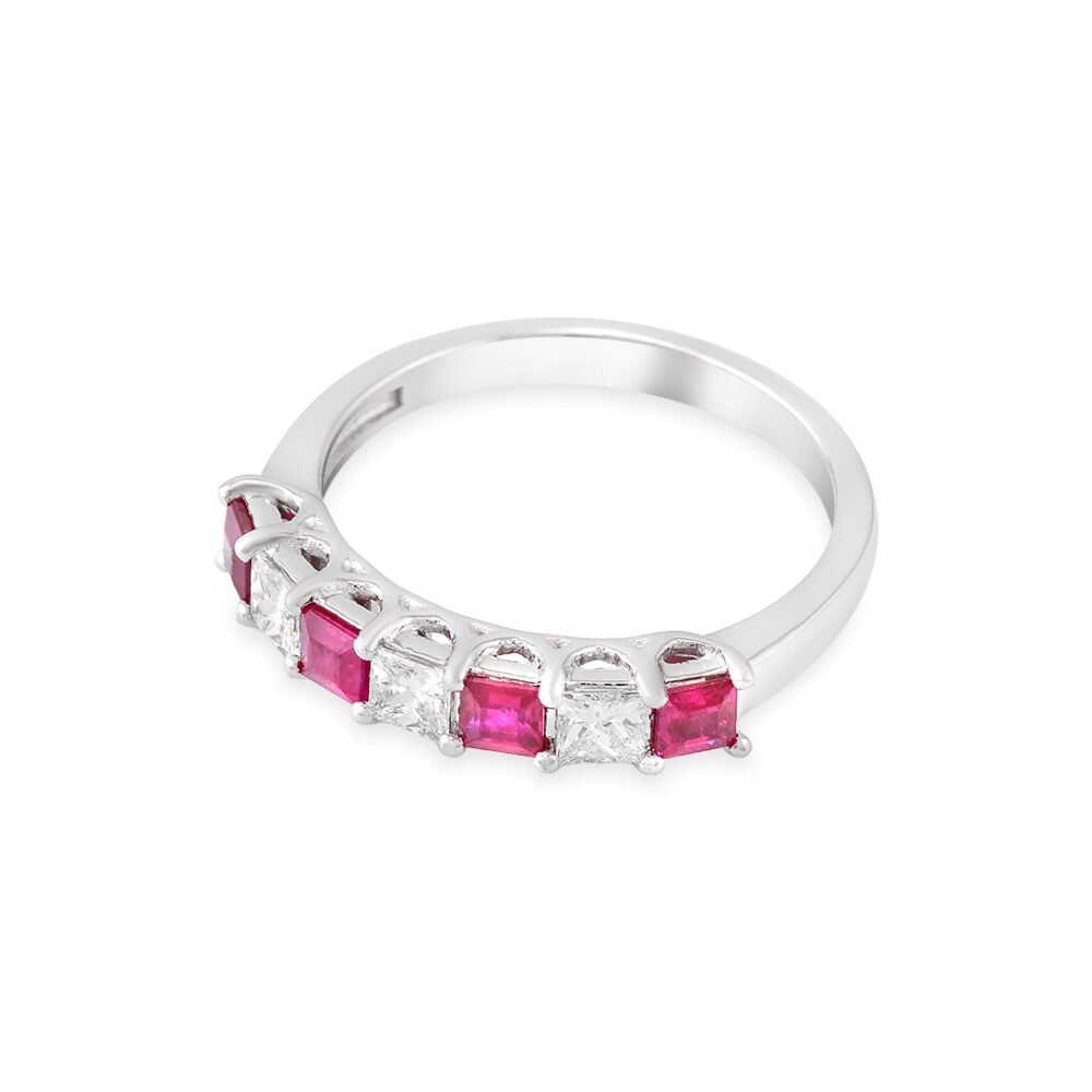 White Gold Ruby and Diamond Band with Princess Cuts - Image 2