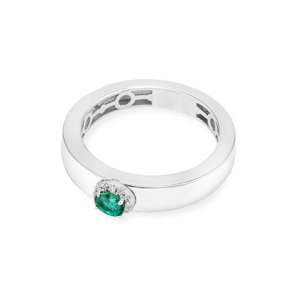 White Gold Emerald Ring with Diamond Halo - Image 3